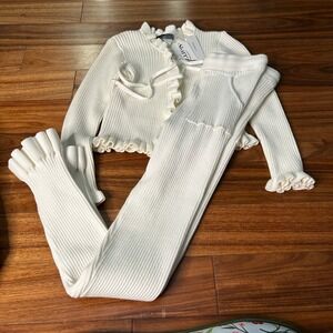 Goodtimeusa Cream Ribbed Knit Ruffle Trim Cardigan and Pants 2 Piece Set M